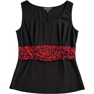Perceptions Peplum Blouse Women‎ 12 Black Red Leaf Empire Waist Sleeveless Top